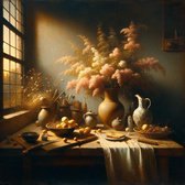 Line art vermeer schilderij | Vergulde lijnen dansen in het stille licht van verbeelding | Kunst - 40x40 centimeter op Canvas | Foto op Canvas