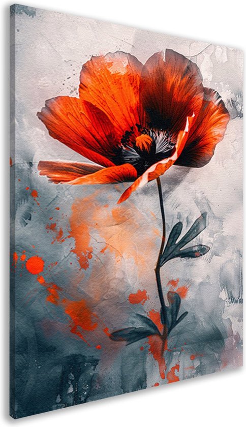Rood-oranje bloem, op een grijze achtergrond met oranje spetters, zijaanzicht.
