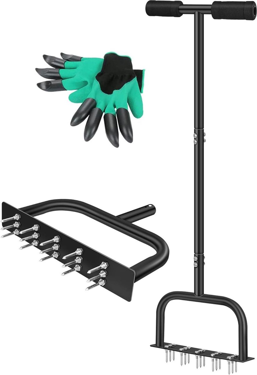 Lawn Aerator Spike Manual Aerator Metal with Scarifier Rake - 15 Iron Spikes - Pre-Assembled Grass Aerator Tool
