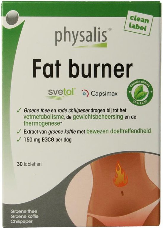 Physalis Fat Burner verpakking met groene en witte accenten. Bevat 30 tabletten, vegan logo en afbeelding van een buik met vlam. "Clean label".