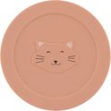 Een lichtroze deksel van siliconen met daarop een schattig slapend kattengezichtje.