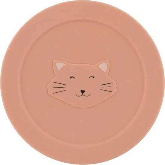 Een lichtroze deksel van siliconen met daarop een schattig slapend kattengezichtje.