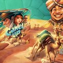Doos van het bordspel Camel Up met een woestijnlandschap, kamelen en kamelenrace-personages.