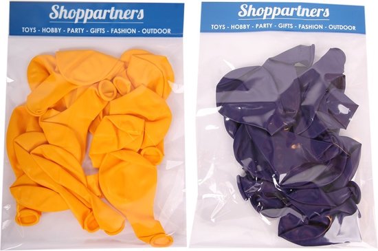 Twee verpakkingen ballonnen van Shoppartners: oranje en donkerpaars.