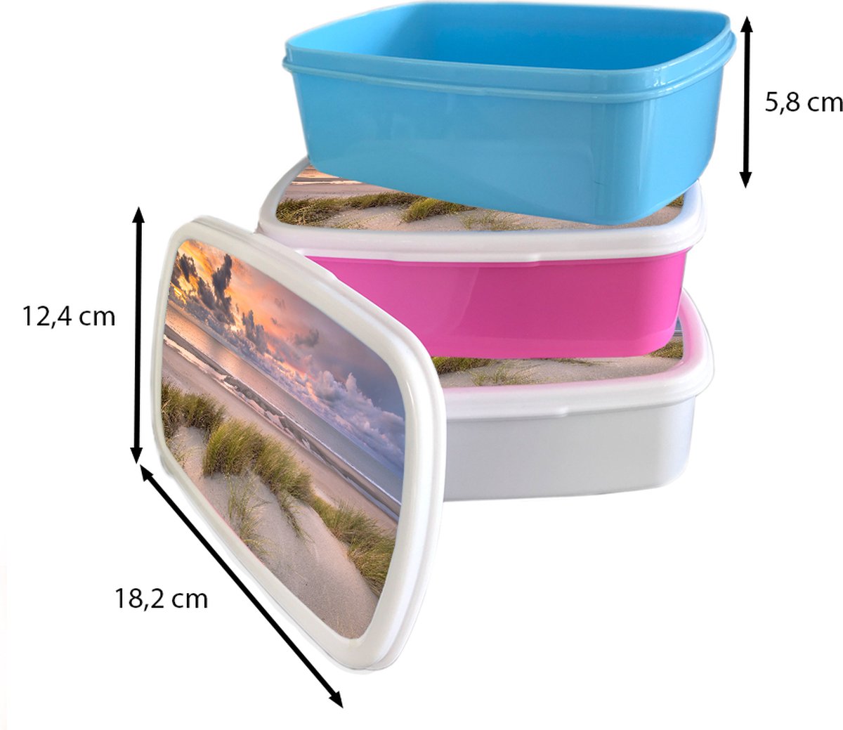 Broodtrommel Blauw - Lunchbox Zonsondergang - Duin - Strand - Planten - Zee - Brooddoos 18x12x6 cm - Brood lunch box - Broodtrommels voor kinderen en volwassenen