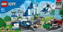 LEGO City politiegebouw 60316 met politieauto, helikopter, vuilniswagen en figuren.