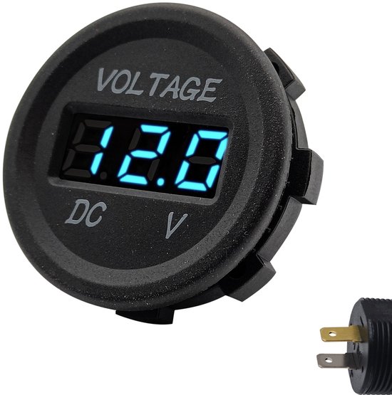 Zwarte 12V DC voltmeter met blauw digitaal display, toont 12.0.