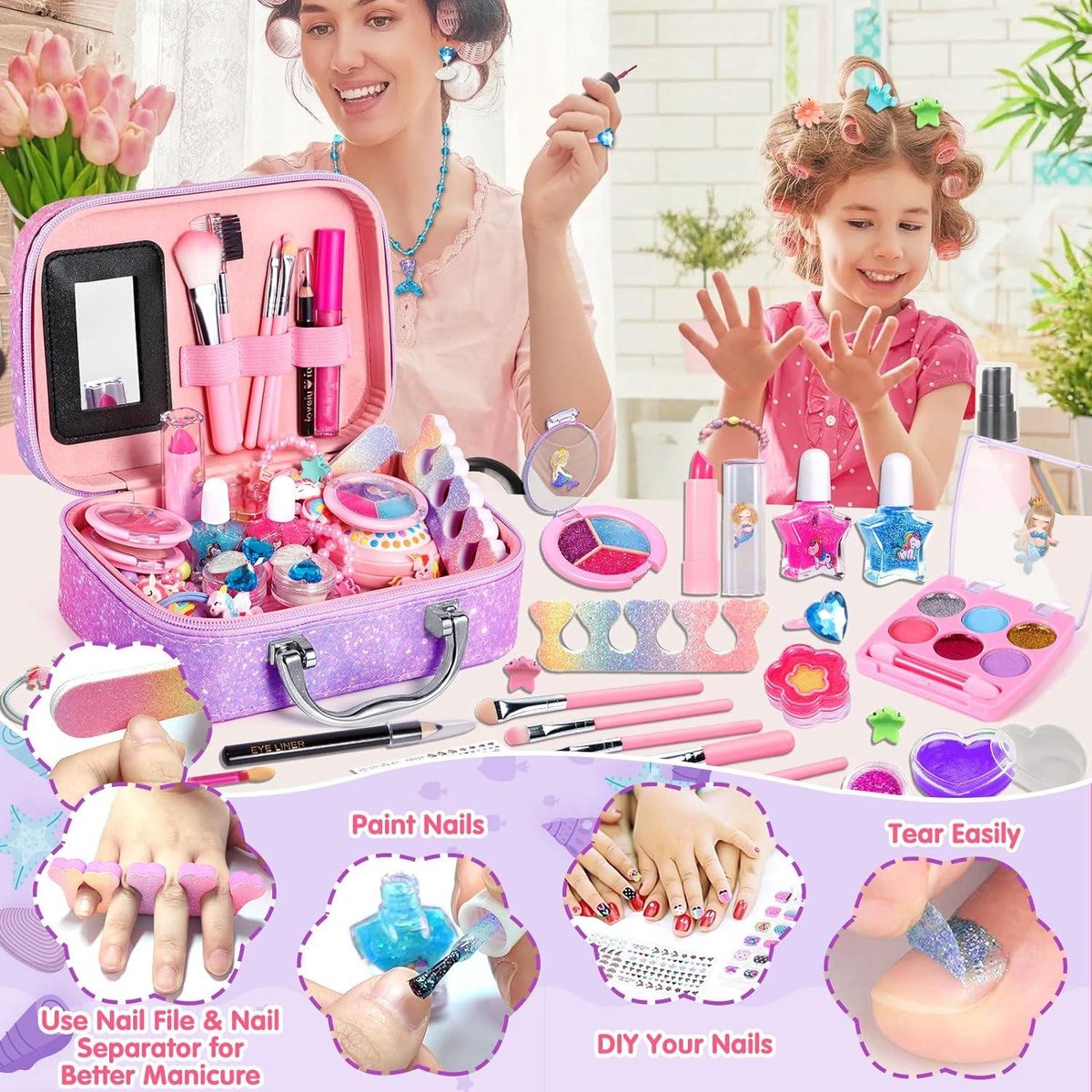 Mrabbitoo Kinderschminkset voor meisjes, Frozen speelgoed, 57 stuks, wasbare make-upset voor kinderen, meisjes, speelgoed, prinses, Kerstmis, verjaardagscadeaus voor meisjes van 4, 5, 6, 7, 8, 9, 10, 11, 12