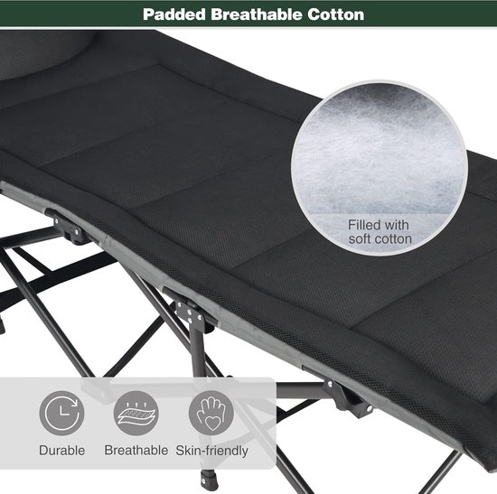 Campingbed, veldbed, inklapbaar met kussen voor volwassenen, XXL, 190 x 71 x 38 cm, opvouwbaar, veldbedonderlegger met matras, topper voor camping, tuin, binnen, outdoor van Camp — afbeelding 4