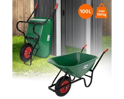 ECD Germany Kruiwagen, 100 liter PP trog groen, 150kg draagvermogen, luchtbanden met metalen velg, kruiwagen tuin kruiwagen bouw kruiwagen werk kruiwagen kruiwagen transport kruiwagen voor tuin
