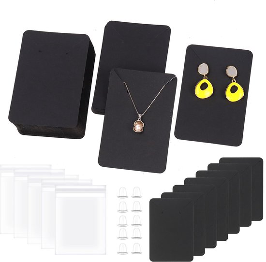 Foto: 300 stuks zwarte oorbel display kaarten assorment kit 100 stuks 3 5 x 2 4 inch vierkante oorbel houder kaarten met 100 siliconen oorbel achterkanten en zelfklevende zakken voor oorbellen ketting sieraden display