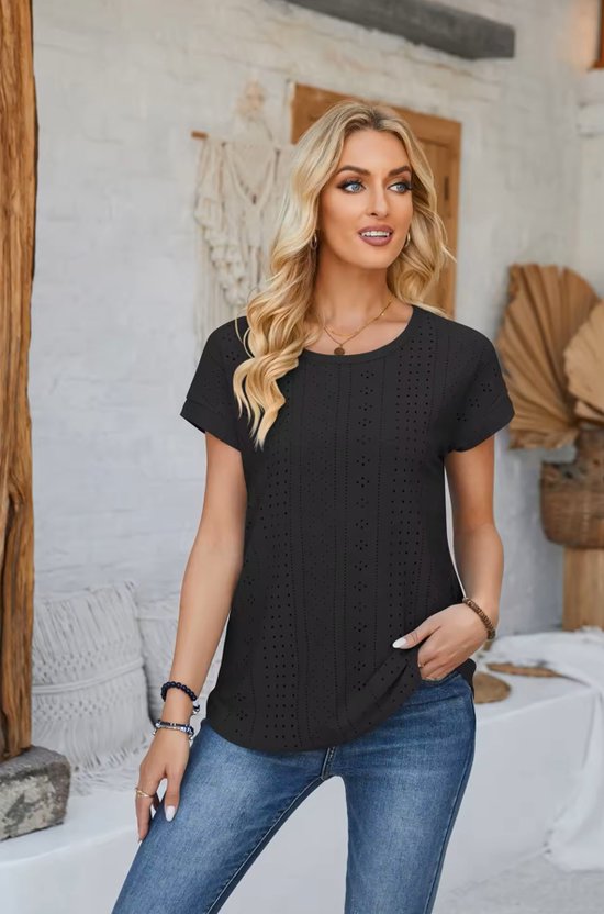 ASTRADAVI Damesmode - Top - Mooie Uitgeholde Jacquard Shirt - Zwart / 2X-Large