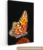 Canvas schilderij 20x30 cm - Wanddecoratie Vlinder - Bloemen - Insect - Portret - Zwart - Oranje - Muurdecoratie woonkamer - Slaapkamer decoratie - Kamer accessoires - Schilderijen