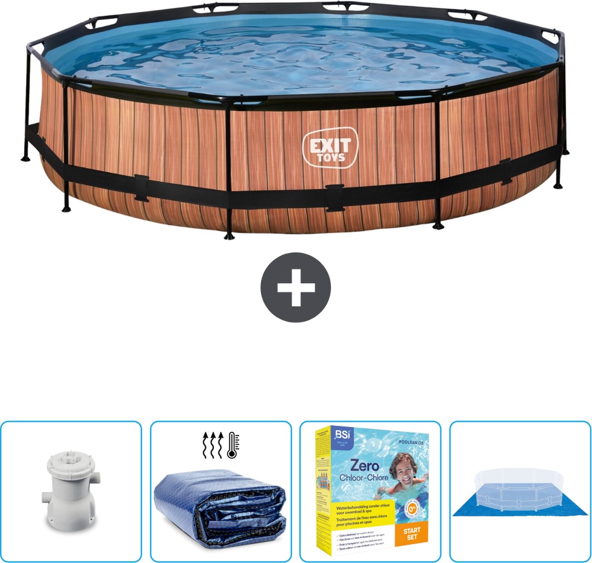 EXIT Rond Wood Frame Zwembad – 360 x 76 cm – Inclusief Pomp Solarzeil – Onderhoudspakket – Grondzeil – Nu extra voordelig