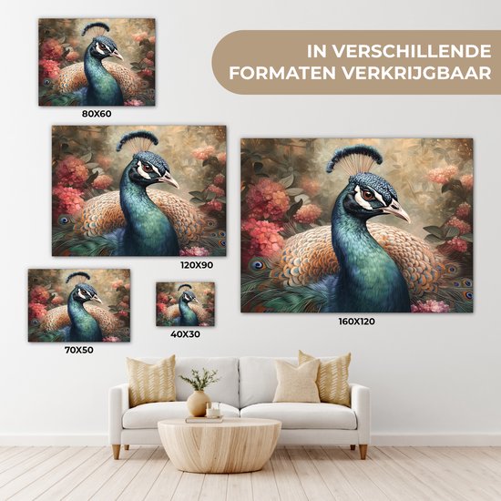 Tableau sur toile Paon - Vogel - Fleurs - Plantes - Plumes de Paon - 80x60 cm - Décoration murale