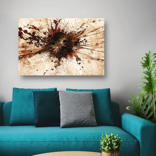 Peinture abstraite sur toile représentant une explosion d'éclaboussures de peinture marron et rouge sur fond clair.