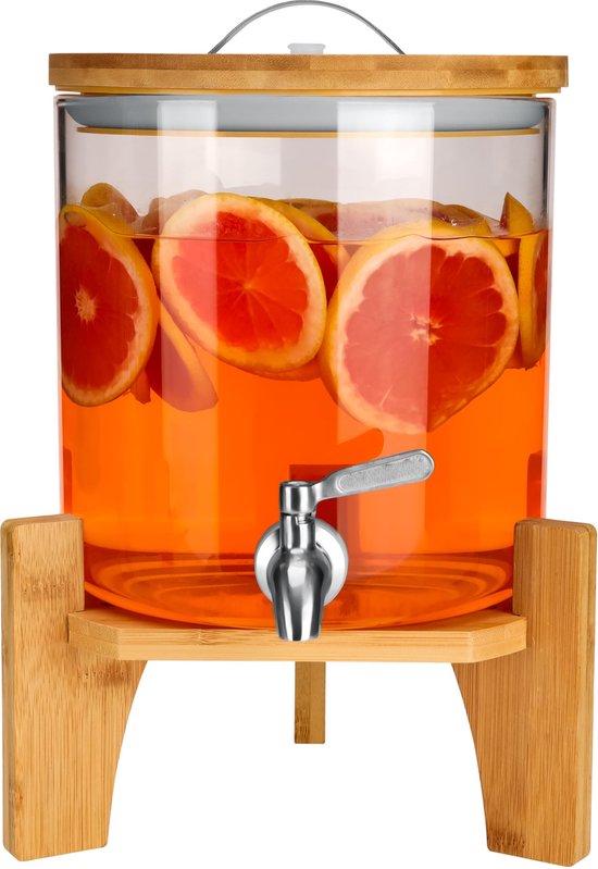 Belle Vous Glazen Drankdispenser 5L Met RVS Kraan En Bamboe Stand - Voor Koud En Warm Drank