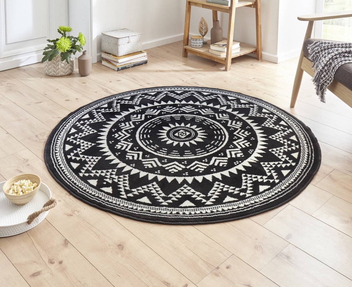 Flycarpets Rond Laagpolig Vloerkleed - Valencia - Zwart - 140x140 cm