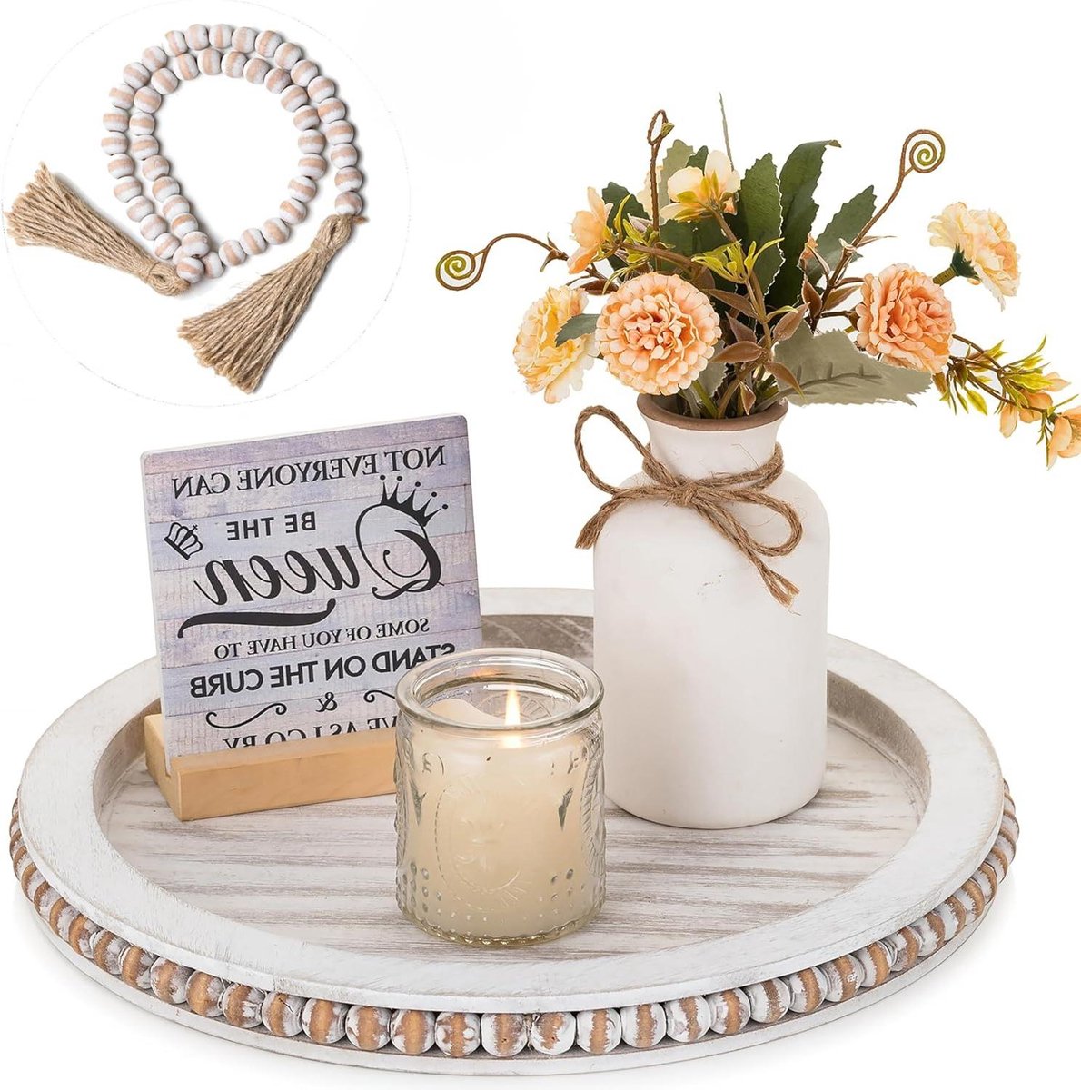 Ronde houten kralenbak met kralen slinger salontafel lade wit gewassen decoratieset boerderij middelpunt rustiek dienblad theekaarshouder