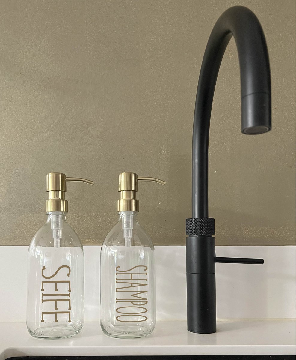BBBLS® Design Dispenser Giftset "Zeep Shampoo" | Transparant Glas | 500ml | RVS / Metaal Pomp Goud | Zeeppomp | Zeepdispenser | Zeephouder