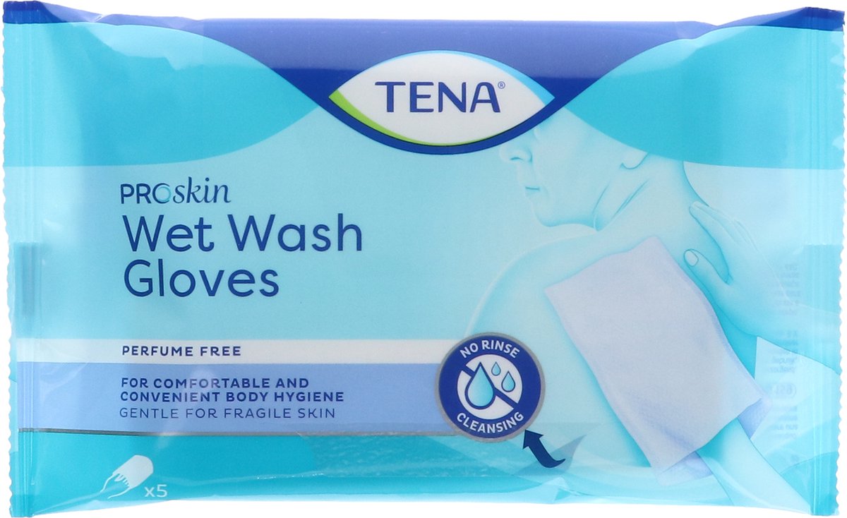 Goedkoopste Voordeelverpakking van 2 x TENA WET WASH GLOVES Geurloos - 5 STK (1162