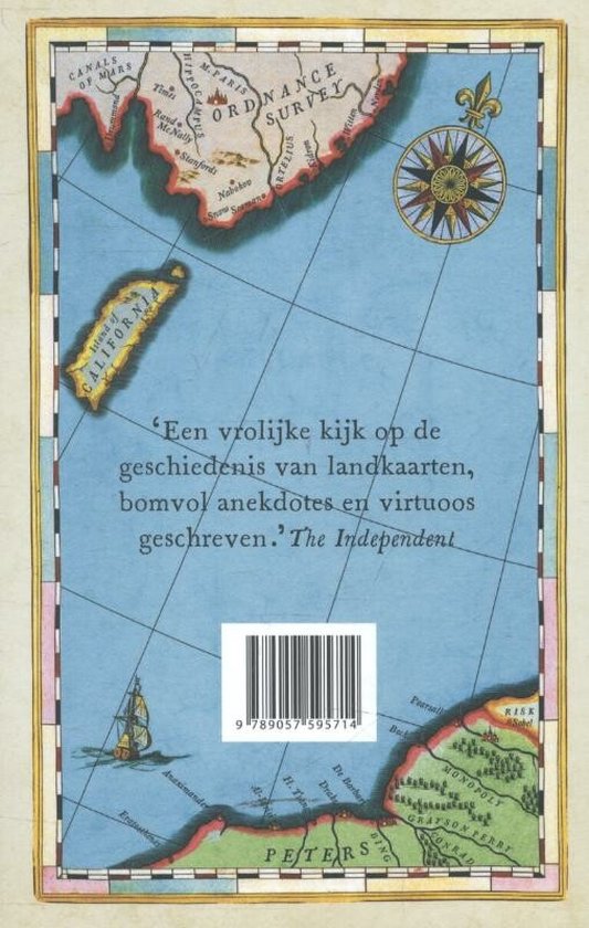 Lichtblauwe kaart met een schip, kompas en de tekst 'Een vrolijke kijk op de geschiedenis van landkaarten, bomvol anekdotes en virtuoos geschreven. The Independent'.