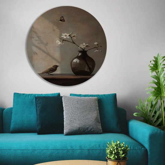 Décoration murale Vogel rond - Cercle mural Animaux - Panneau mural Fleurs - Décoration salon industriel - Tableau rond - Décoration murale cercle mural aluminium 60x60 cm