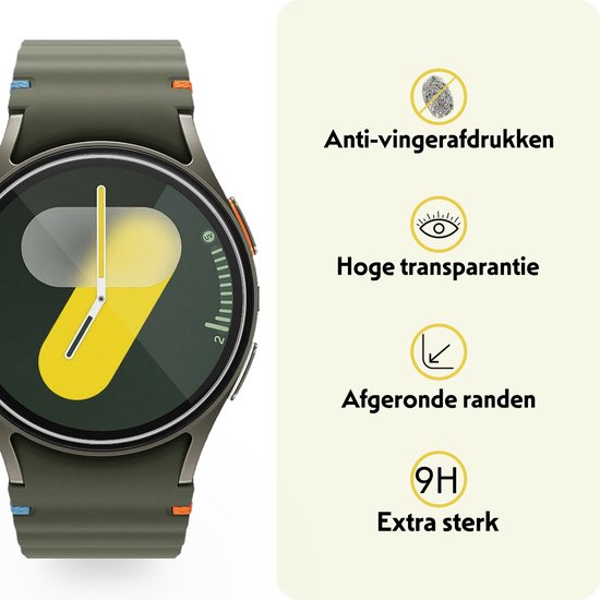 Samsung Watch 7 (44mm) met de tekst Anti-vingerafdrukken, Hoge transparantie, Afgeronde randen en 9H Extra sterk.