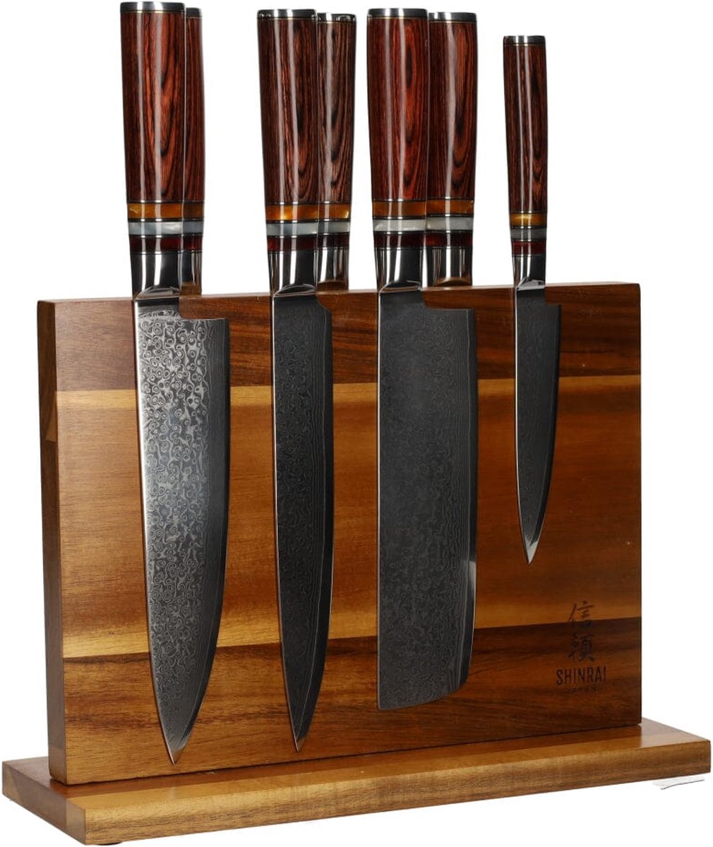 Shinrai Japan - Micarta Jewels 7-delige Damascus Messenset + Magnetisch Messenblok Dubbelzijdig