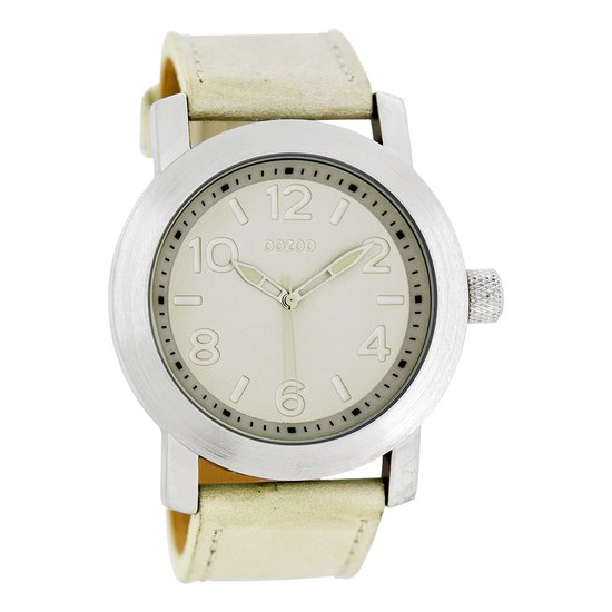OOZOO Timepieces - Zilverkleurige horloge met beige leren band - C5150