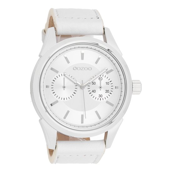 OOZOO Timepieces - Zilverkleurige horloge met witte leren band - C8749