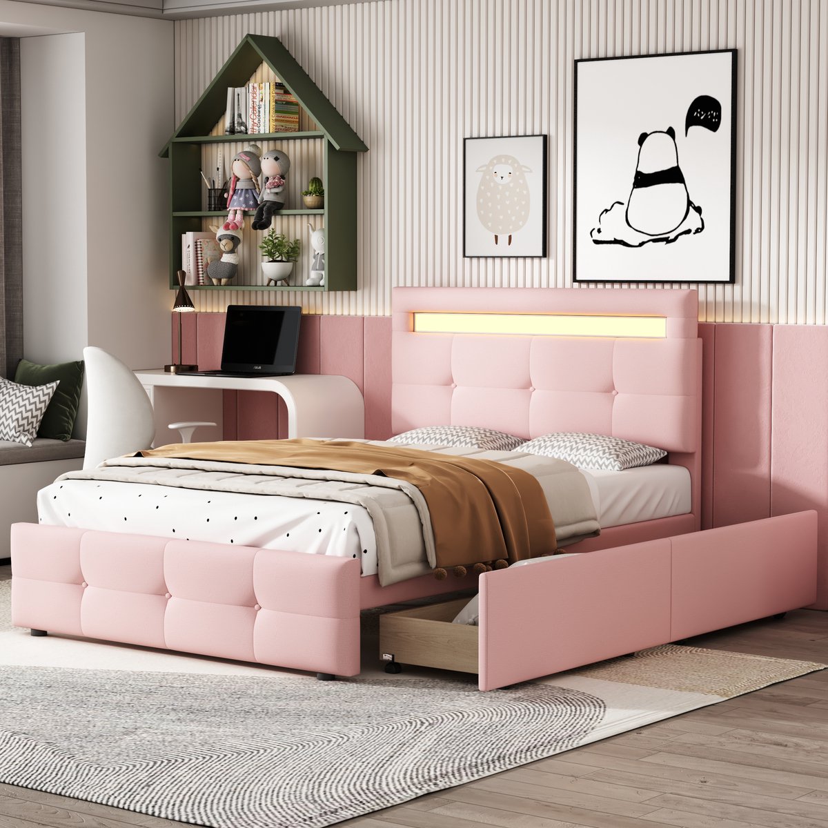 Sweiko Kinderbed 90x200cm zacht kussen bed met LED verlichting, 2 lades, huidvriendelijk linnen zacht kussen plat eenpersoonsbed, kinderbed, jeugdbed, gastenbed (Roze)