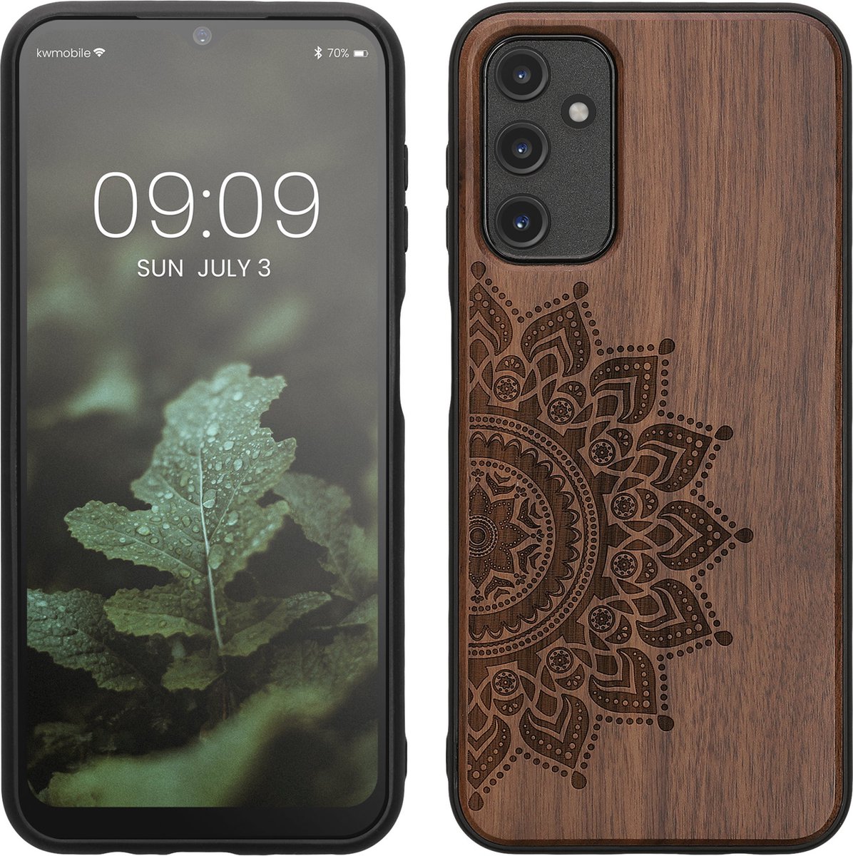 kwmobile telefoonhoesje geschikt voorSamsung Galaxy A14 5G - Hoesje met bumper - walnoothout - In donkerbruin Opkomende Zon design