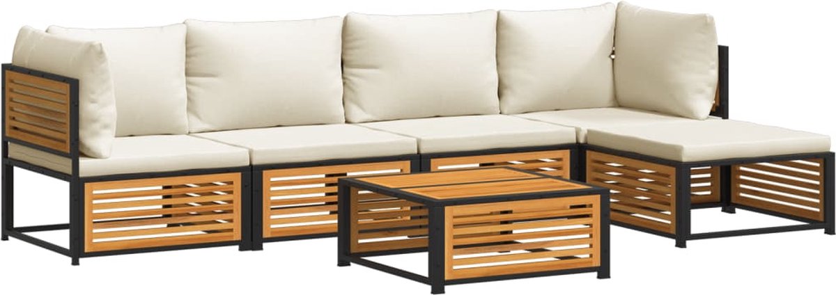 vidaXL 6-delige - Loungeset - met - kussens - massief - acaciahout crèmewit