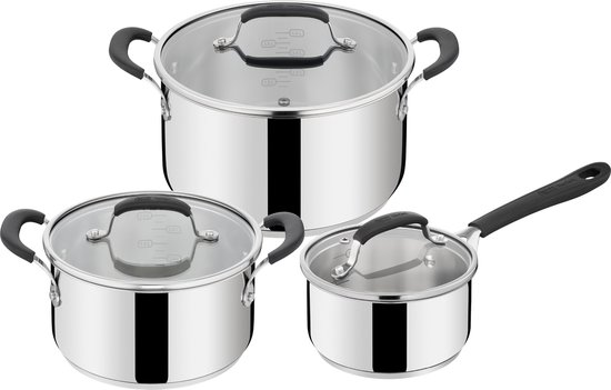 Set van drie RVS kookpannen met glazen deksels en zwarte handvatten, variërend in grootte.