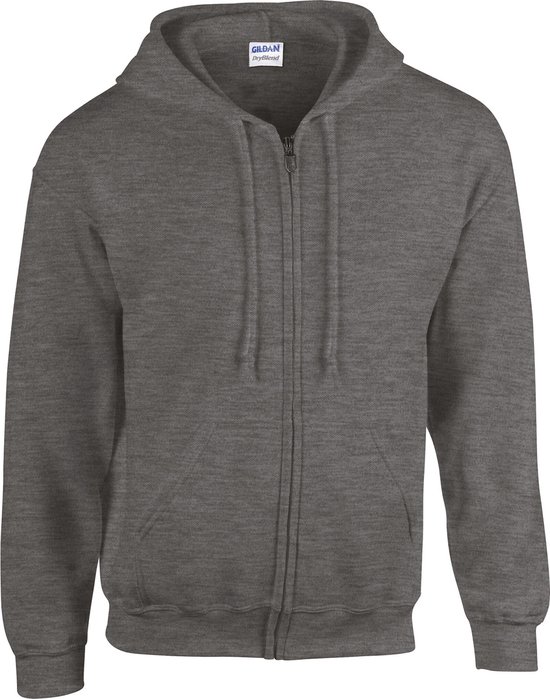 Sweat à capuche gris foncé zippé avec poches, vue de face.