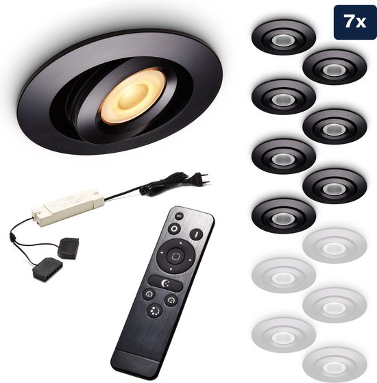 Foto: Ledisons piccolo set met 7 zwarte led inbouwspots en afstandsbediening dimbaar 3 jaar garantie 2700k extra warm wit 200 lumen 3w ip44