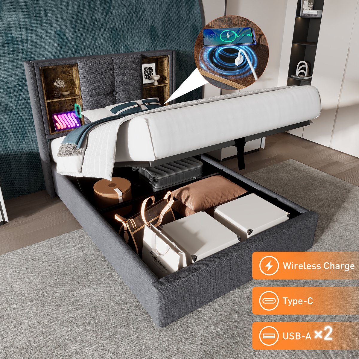 Sweiko Eenpersoons Bed met draadloos opladen USB C, gestoffeerd bedframe 90x200cm, Bedframe met opbergruimte Lattenframe van houtgrijs katoen (Zonder matras)