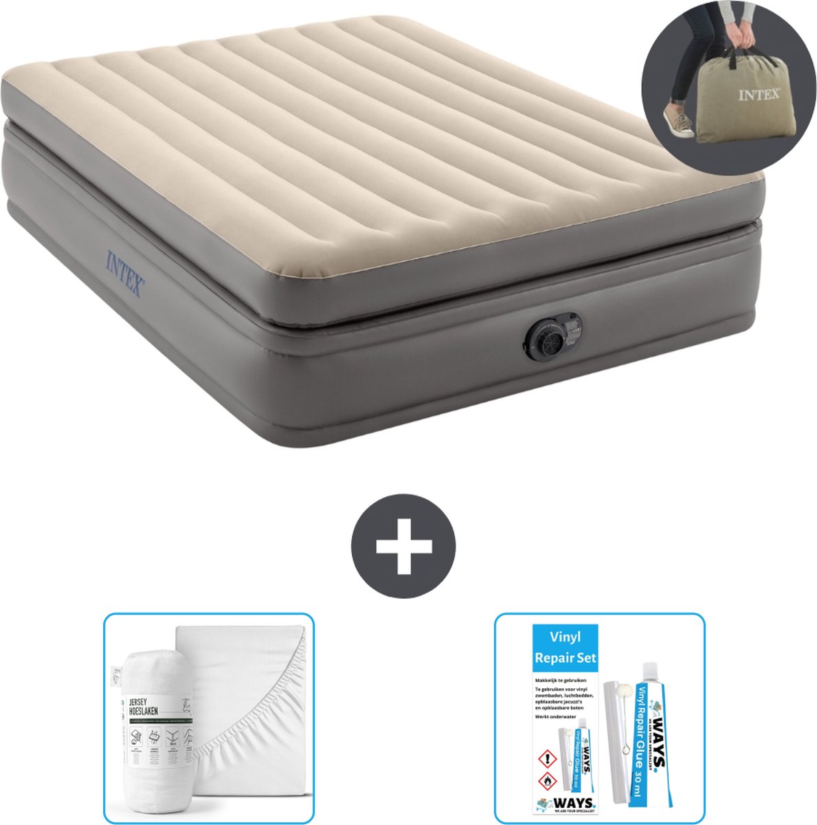 Intex Luchtbed - 2-Persoons - 152 x 203 x 51 cm - Grijs - Met ingebouwde pomp + Hoeslaken Wit + Reparatieset
