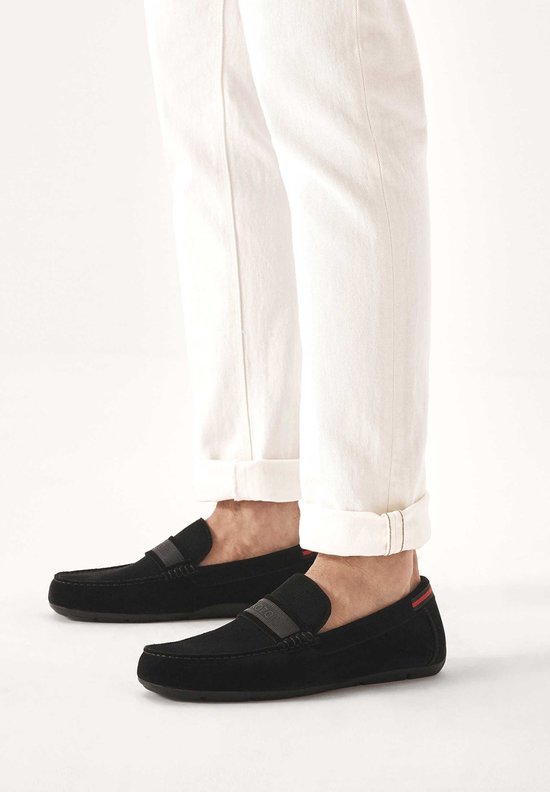 Mocassins en daim noir ornés d'un ruban logotypé