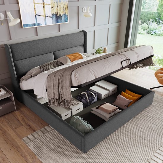Gestoffeerd bed met USB-laadstation en led-verlicht hoofdeinde, 180 x