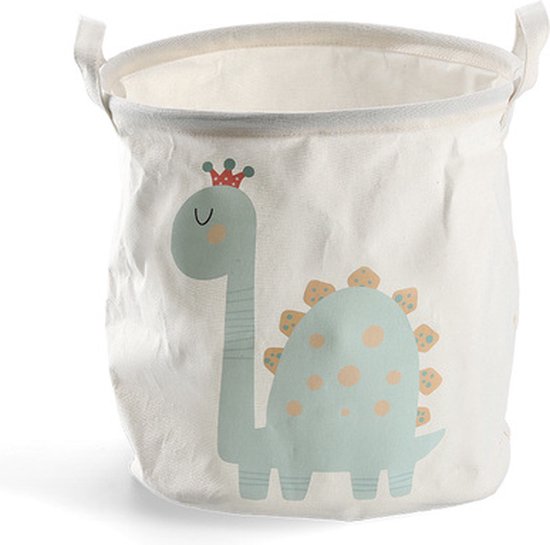 Panier de rangement rond blanc avec poignées, imprimé d'un dinosaure bleu clair avec couronne et pois.