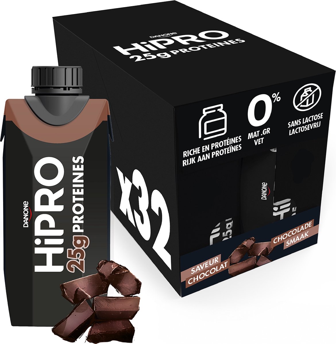 Danone HiPRO Eiwitshake – Chocolade – 25g Proteïne – 32 x 330ml – Lactosevrij