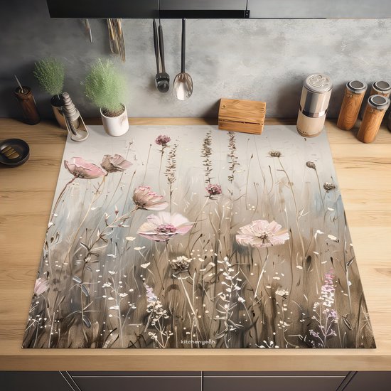 KitchenYeah® Protection plaque induction 60x60 cm - Fleurs - Beige - Fleurs sèches - Protege plaque de cuisson - Couvre plaque induction - Protecteur d'induction - Cuisine