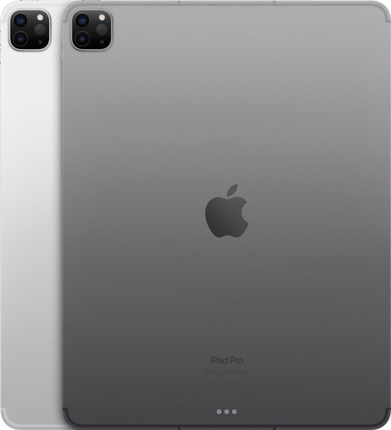 Zilverkleurige en donkergrijze iPad Pro modellen, achterkant met Apple logo.