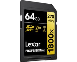 Lexar SD Pro Gold Series UHS-II 1800x 64GB - Lezen 270MB/s, Schrijven 180MB/s - V60 Lexar SD Pro Gold Series UHS-II 1800x 64GB - Lezen 270MB/s, Schrijven 180MB/s - V60