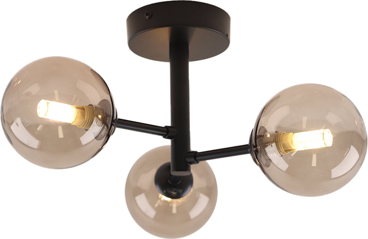 Olucia - AMER - Badkamer Plafondlamp - Zwart / Amber - Geschikt voor Badkamer - Vorm: Rond