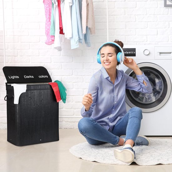 Panier à linge en Bamboe 3 compartiments - 30 L par compartiment - Couvercle et poignées - HBD 63 x 55 x 35 cm - Coloris naturel