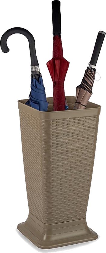 Plasticforte Porte-parapluie/Porte-parapluie - beige - plastique tressé en rotin - D26 x H52 cm - sur socle surélevé - bac d'égouttage