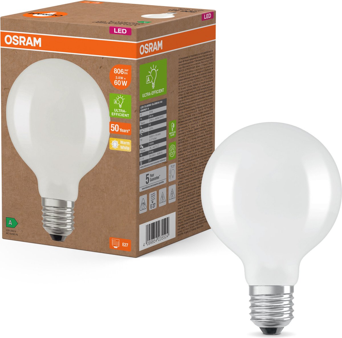 Osram LED Superstar Classic Globe LED-Lampe G 95 in klassischer Ballform aus gefrostetem Glas 3.8 W 806 lm E27 Fassung warmweißes Licht mit 2700 K EEK A 95 mm Durchmesser
